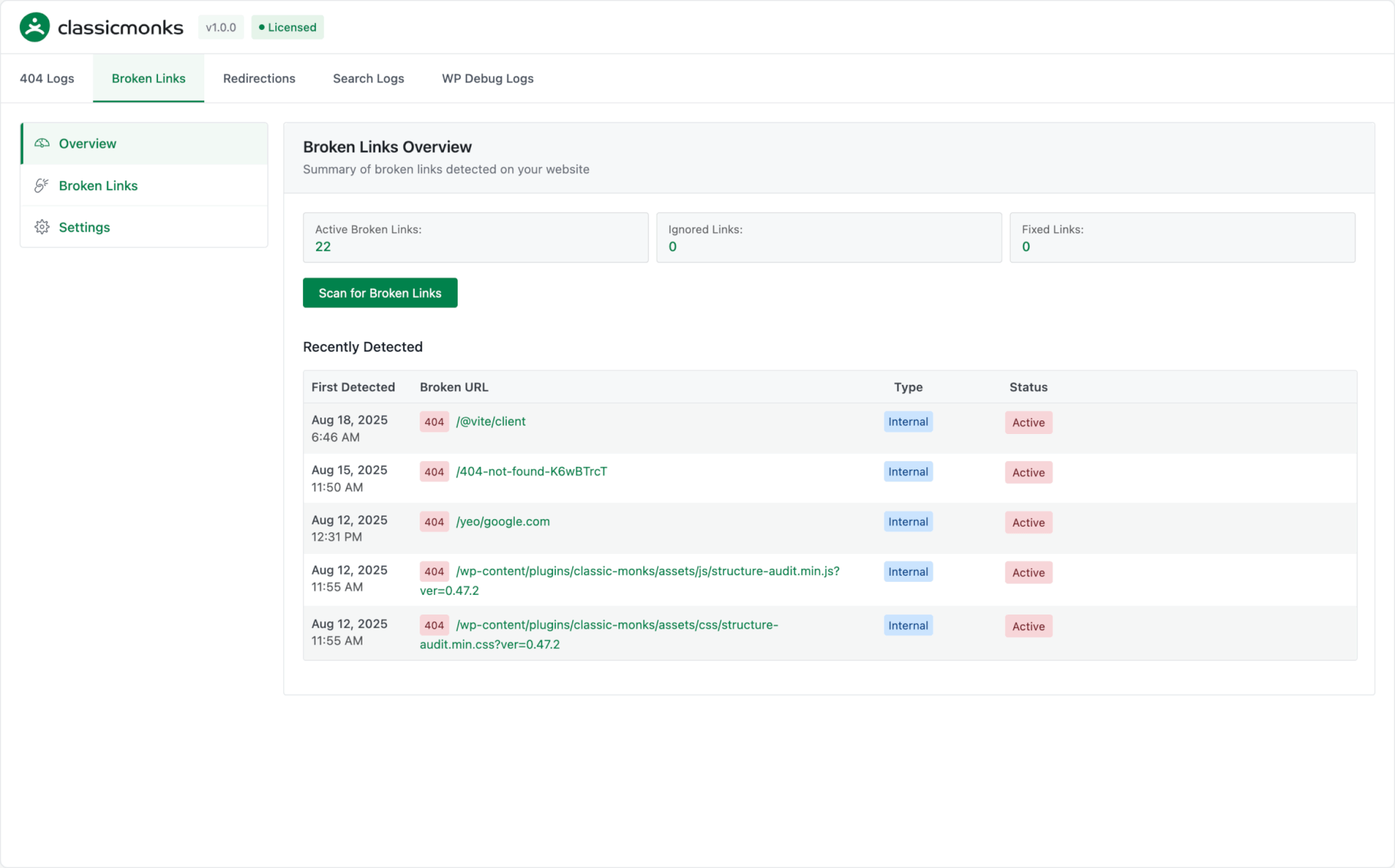 Website dashboard showing broken links overview