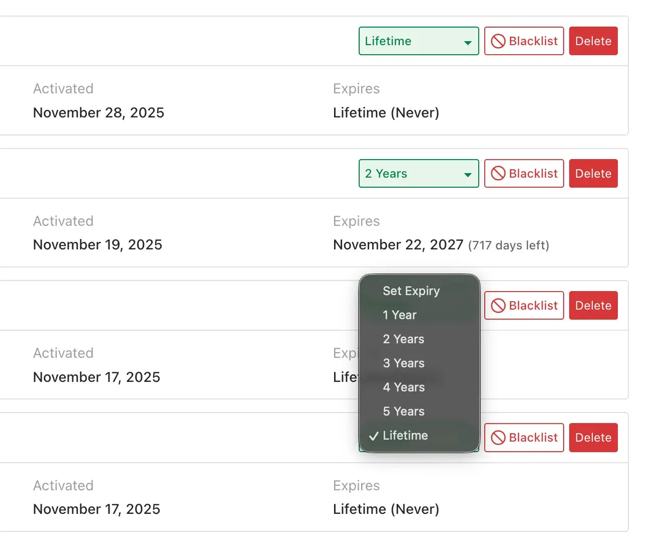 Subscription management panel showing expiry options