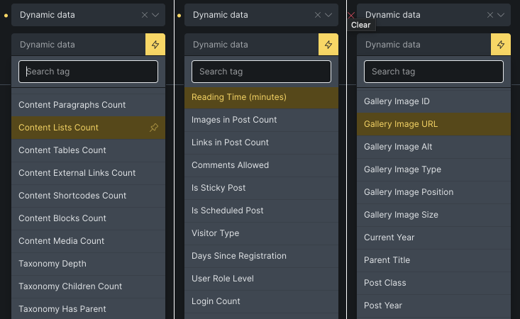 Dynamic data tags panel in web editor
