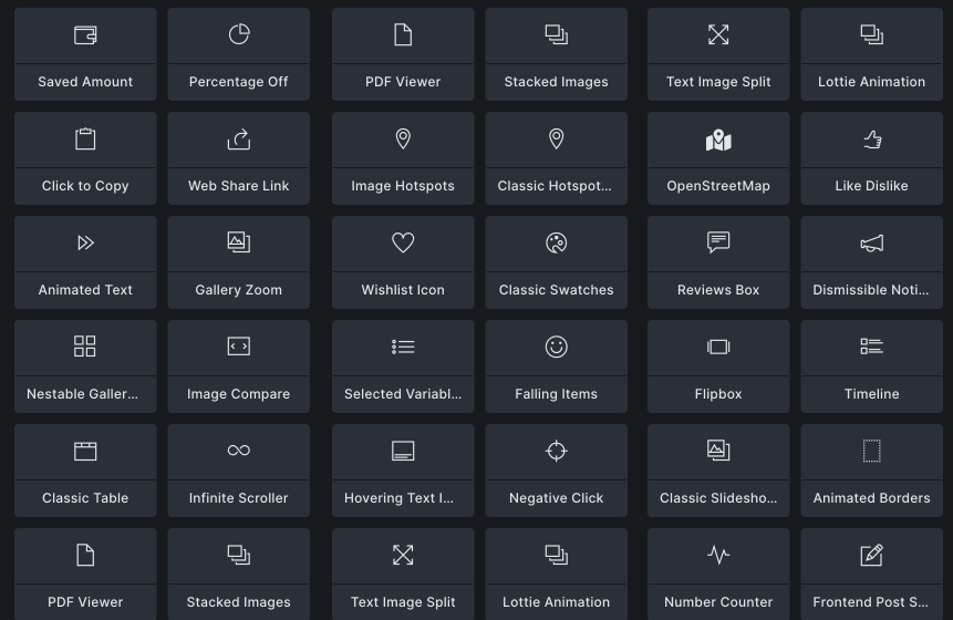 Interface showing multiple web design feature icons