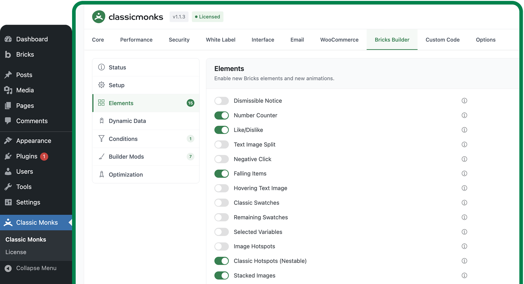 Bricks Builder plugin settings dashboard