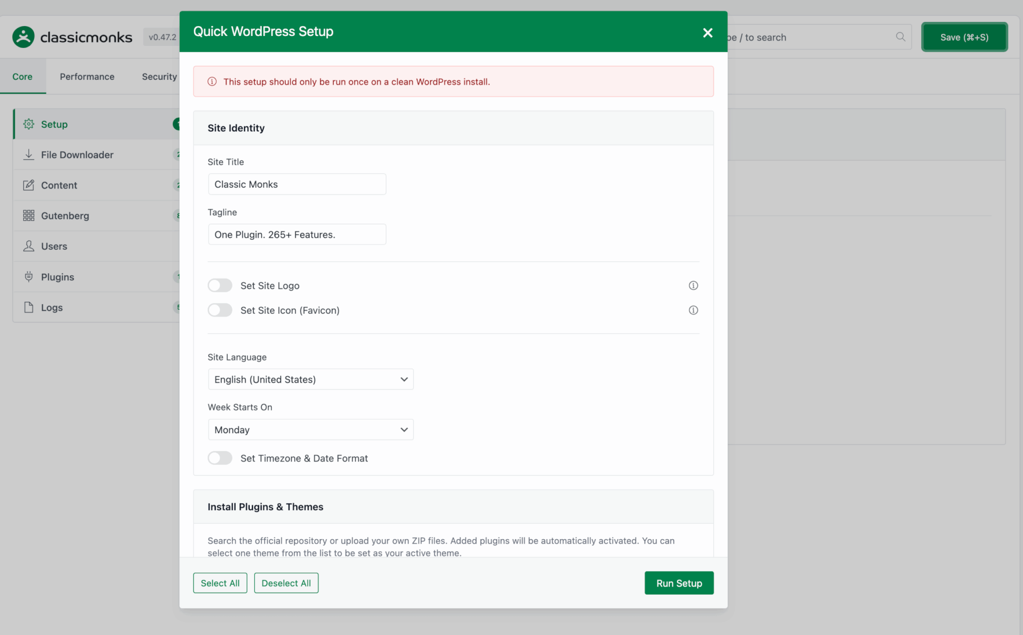 WordPress quick setup screen with site settings
